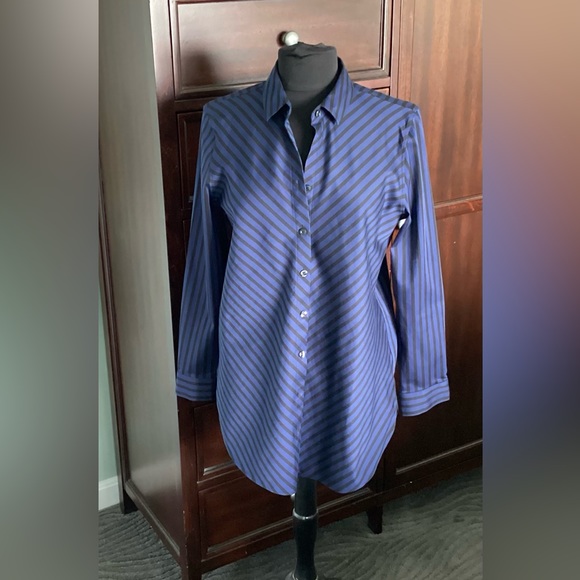 CHICO's Shirt No Iron Royal Blue & Black Button Front Long Sleeve EUC Sz 1= M(8) - Picture 2 of 10